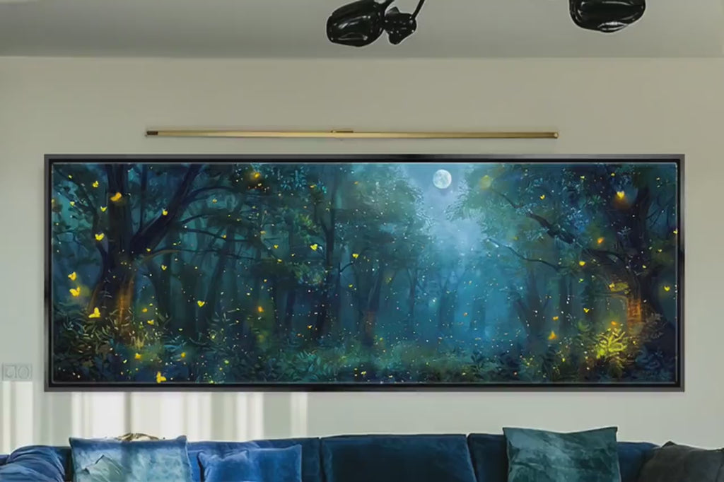 Enchanted Firefly Forest Panoramic Wall Art - Extra Large Framed Canvas Print